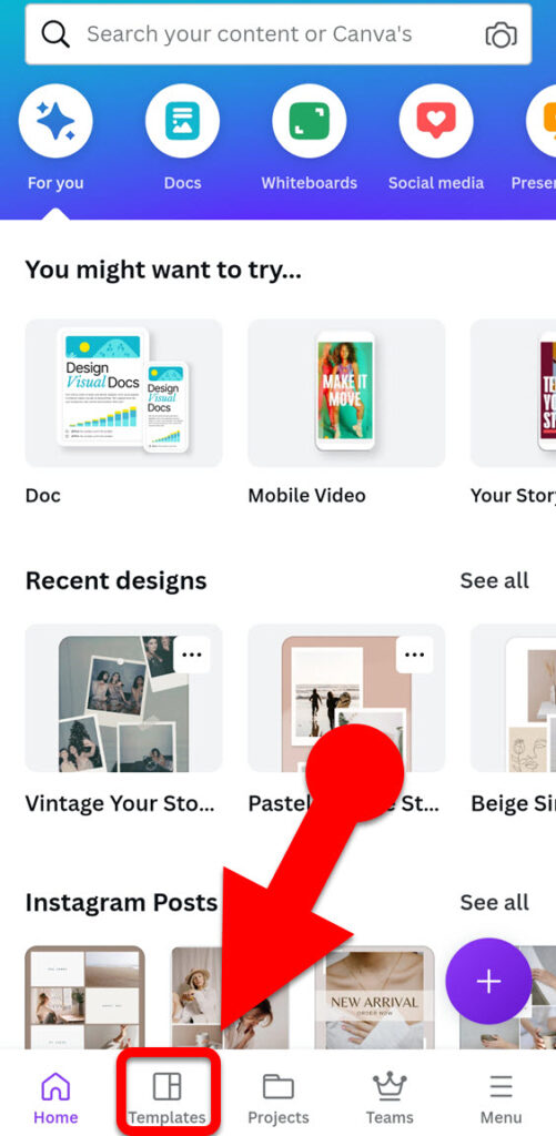 Canva templates tap on the app