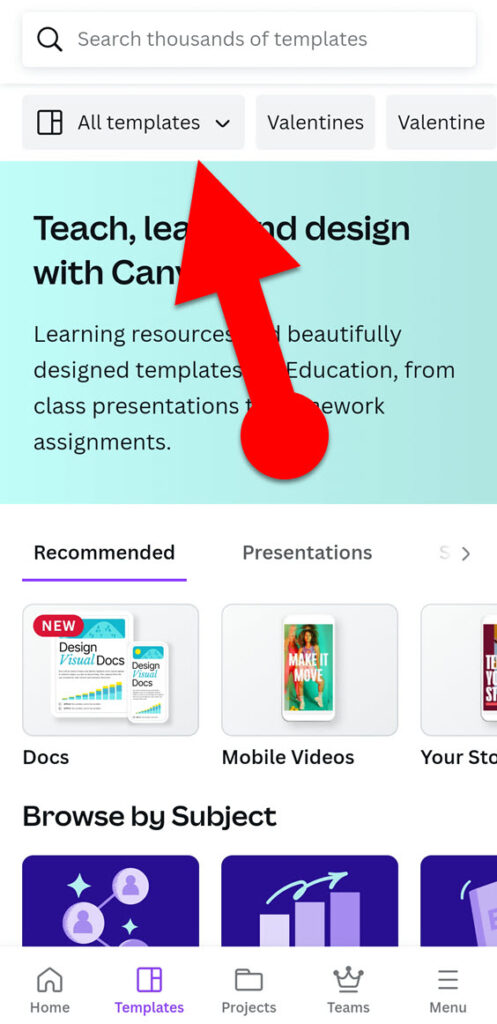 select a specific template category on Canva app
