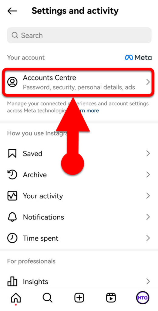 Instagram account centre in the app