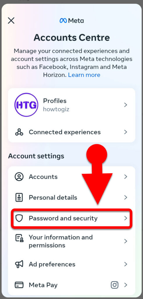 Instagram password and security settings in the mobile app
