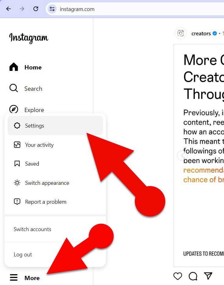 Instagram settings in the web