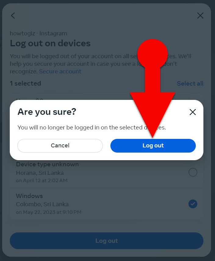 Log yourself out of instagram on other devices on the web