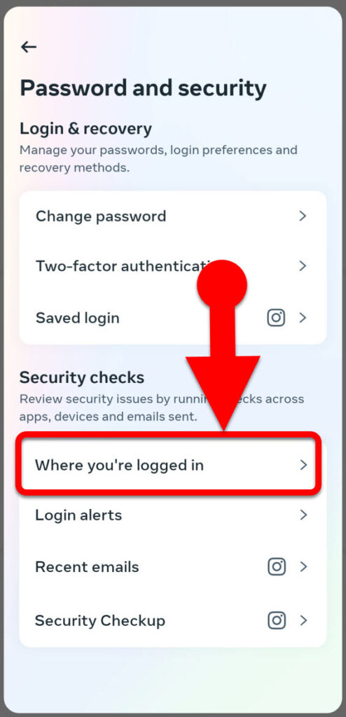 Where you are logged in settings in Instagram mobile app