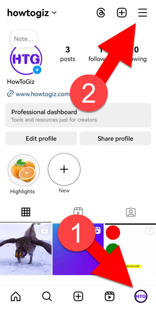 three lines menu button of Instagram app